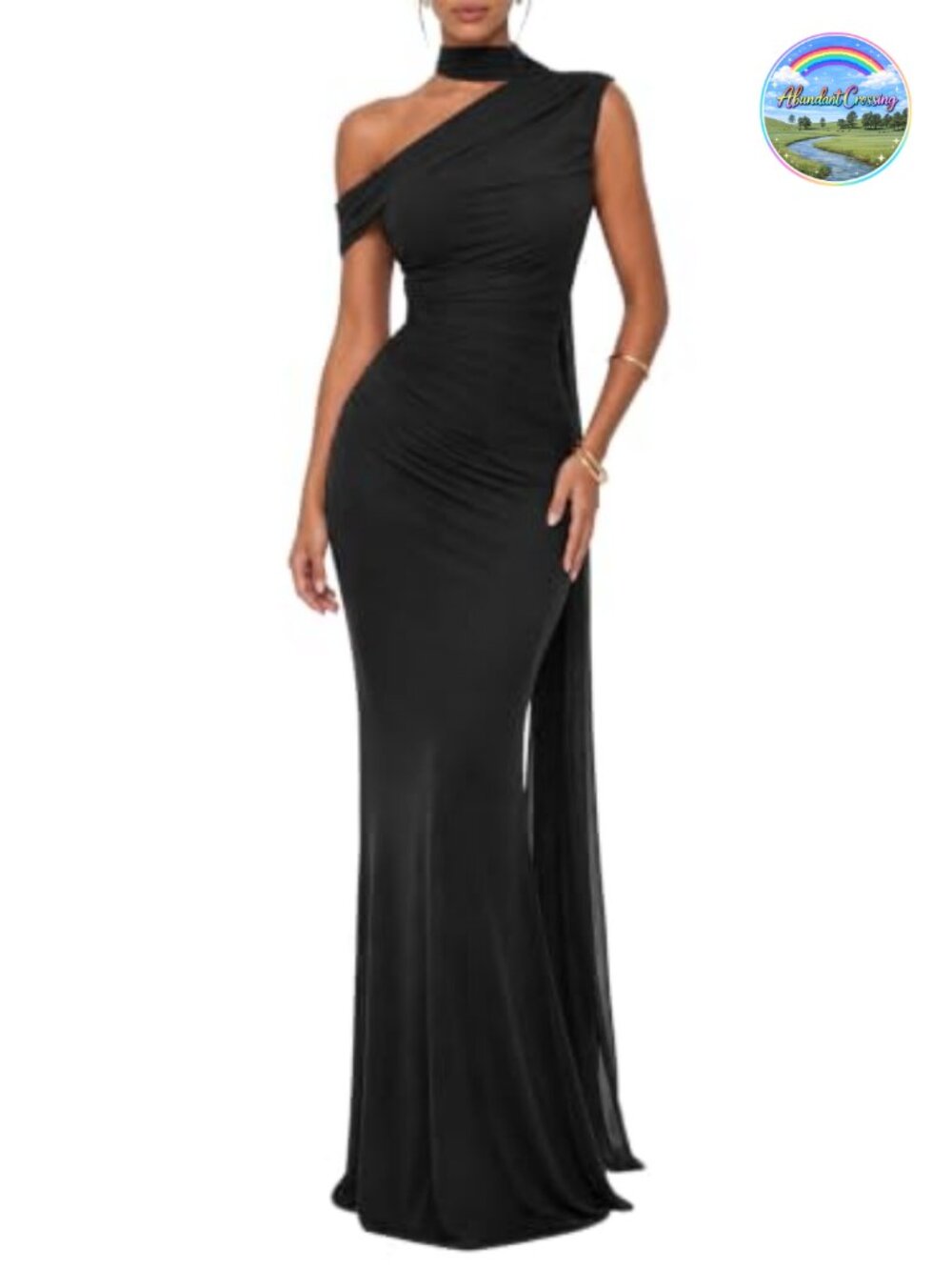 One Shoulder Mesh Ribbon Ruched Formal Maxi Dress Built-in Cups